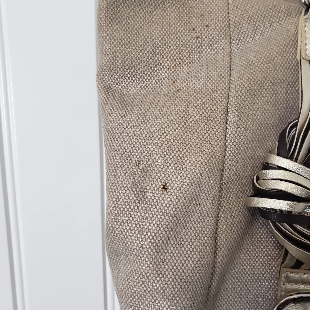 Katherine Kwei Woven Canvas Metallic And Beige Faux Leather Tote‎ Hobo Handbag